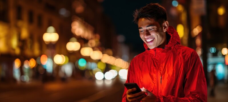 The smiling young man in a red jacket checking his smartphone at night.