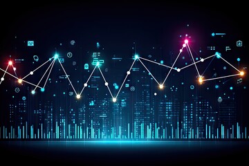 Futuristic data visualization, abstract graphic with upward trending line graph, glowing city lights and digital icons