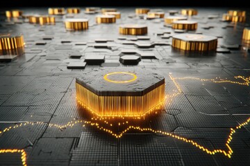 Dark, futuristic hexagonal grid with a central, glowing hex