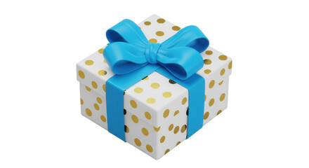 A white gift box with gold polka dots and a blue bow isolated on transparent background