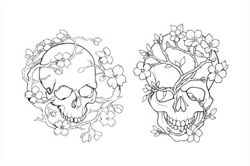 Skulls are entwined with cherry blossoms, isolated on white background, symbolizing the ephemeral beauty of life and the acceptance of mortality