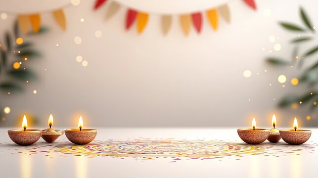 Festive Diwali Celebration with Lit Diyas, Rangoli, and Garland Decoration