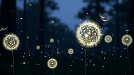 Magical Glowing Dandelions with Floating Seeds and Sparkling Particles in a Mystical Night Forest.