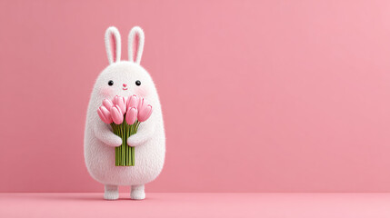 Rabbit cartoon, A cute cartoon rabbit holding a flower bouquet in 3D style.