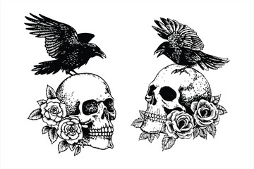 Fototapeta premium Skulls with ravens and roses are isolated on white background, illustrated in a vintage engraving style for a gothic theme