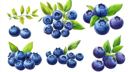 Set of blueberries isolated on a white background. Blueberries with leaves, closeup. Collection of fresh blueberries.