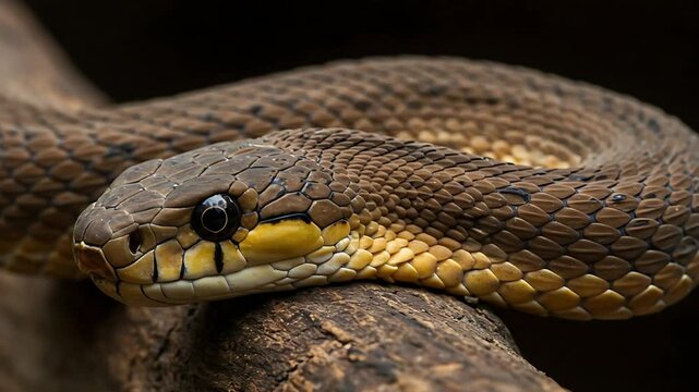 Close-up of a Brown Snake on a Branch with Focused Eye and Detailed Scales