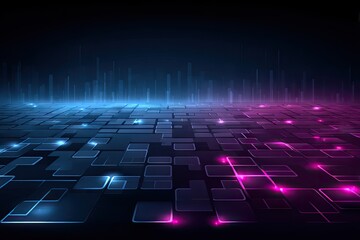 Futuristic cityscape floor with glowing squares and neon light