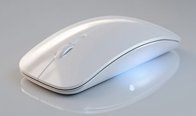 A close up shot of a sleek white computer mouse on a reflective light surface