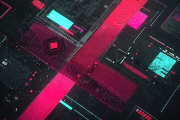 Abstract digital circuit board, intricate network of glowing panels in vibrant colours