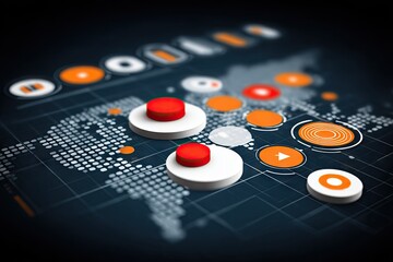 Global interface with interactive buttons.  A detailed graphic displays a world map overlayed with various interactive elements and buttons.  Red and orange buttons are prominent