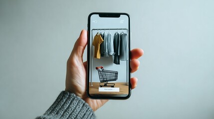 A hand holding a smartphone displaying a digital shopping cart with clothing items, ready for checkout