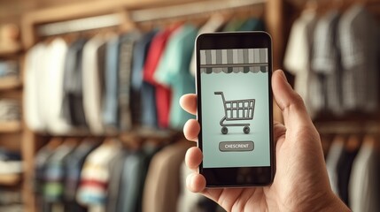 A hand holding a smartphone displaying a digital shopping cart with clothing items, ready for checkout