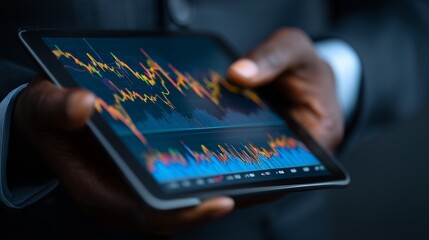 Close-up of a businessman's hand holding a digital tablet showing financial graphs and stock market data