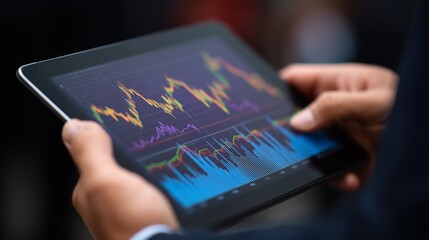 Close-up of a businessman's hand holding a digital tablet showing financial graphs and stock market data