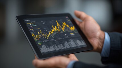 Close-up of a businessman's hand holding a digital tablet showing financial graphs and stock market data