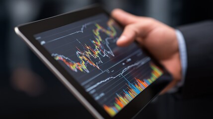 Close-up of a businessman's hand holding a digital tablet showing financial graphs and stock market data