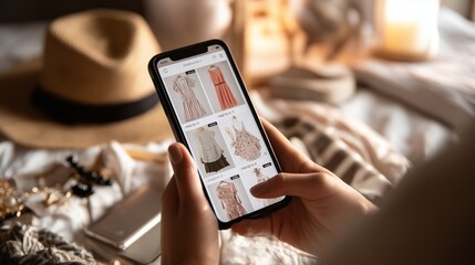 Close-up of a person browsing an online clothing store on a smartphone, selecting dresses and accessories