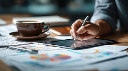 Close-up of a person’s hand using a stylus on a tablet to design a business presentation, surrounded by documents and coffee cup