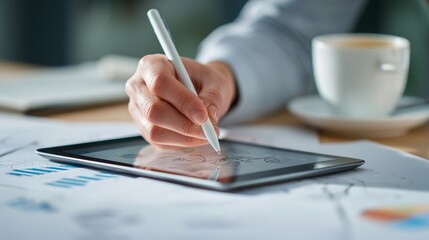 Close-up of a person’s hand using a stylus on a tablet to design a business presentation, surrounded by documents and coffee cup