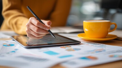 Close-up of a person’s hand using a stylus on a tablet to design a business presentation, surrounded by documents and coffee cup