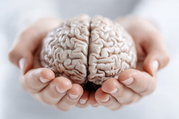 Human brain held in hands symbolizing knowledge, intelligence, science, care, support, mental health, responsibility, and learning. Copy space