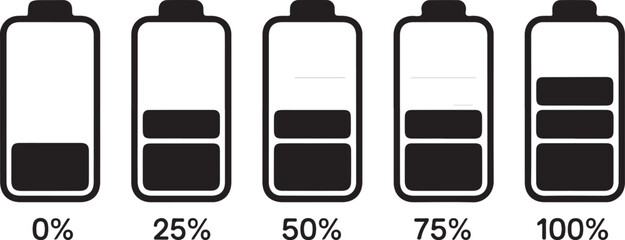 Battery Level Indicators 0%, 25%, 50%, 75%, and 100% Charge Status Illustrations