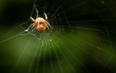 A close-up of an orange spider sitting at the center of its intricate web against a dark green background.
