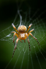 A close-up of an orange spider sitting at the center of its intricate web against a dark green background.