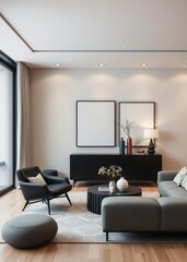 Interior design of modern living room with black stylish commode chair mock up art paintings copy space decorations and elegant accessories in home decor template Empty room interior design Ult