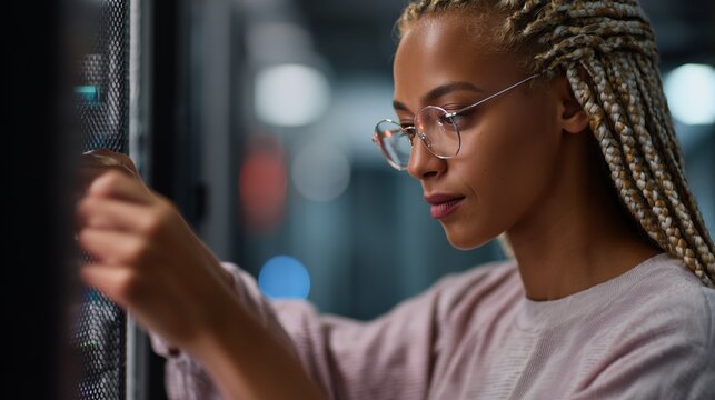 Female technician working on server maintenance in a modern data center during evening hours