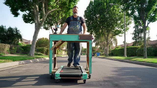 Man in work overalls walking on a portable treadmill moving through a city street