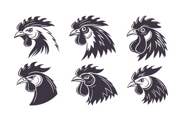 Set of Rooster Head Vector Illustrations in Black and White. Stylized Farm Animal Icons for Logos, Labels, and Retro Design Projects