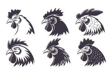 Set of Rooster Head Vector Illustrations in Black and White. Stylized Farm Animal Icons for Logos, Labels, and Retro Design Projects