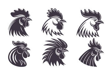 Set of Rooster Head Vector Illustrations in Black and White. Stylized Farm Animal Icons for Logos, Labels, and Retro Design Projects