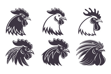 Set of Rooster Head Vector Illustrations in Black and White. Stylized Farm Animal Icons for Logos, Labels, and Retro Design Projects