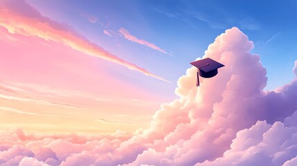A graduation cap drifts serenely amidst wispy colorful clouds symbolizing the boundless possibilities and aspi ns of the educational journey