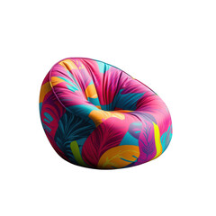 Vibrant tropical leaf pattern beanbag chair with a plush comfortable design isolated on transparent background