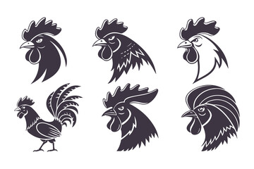 Set of Rooster Head Vector Illustrations in Black and White. Stylized Farm Animal Icons for Logos, Labels, and Retro Design Projects