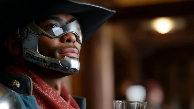 Futuristic cowboy savoring drink: robotic rebel enjoying a moment in a scifi saloon