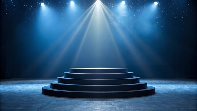 Empty circular tiered stage with dramatic blue spotlights and atmospheric dust particles