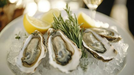 Fresh oysters on ice served with lemon wedges and rosemary, perfect for gourmet seafood lovers