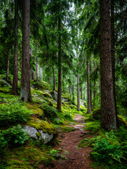 Serene forest trail amidst lush greenery and towering trees