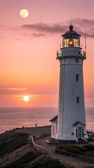 A towering lighthouse stands as a beacon of safety on the coast at sunset, its light piercing the evening sky over the sea