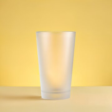Realistic high-resolution image of an empty frosted glass tumbler, subtle translucent texture, isolated on a pure plain light yellow cyclorama, even studio lighting.