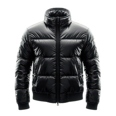 Shiny black puffer jacket with a high collar and zipper closure presented isolated on transparent background