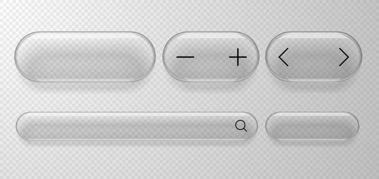 Modern design elements, buttons or frames in liquid glass style with search icon, toggle arrows and plus and minus icons. Glass morphism. Vector illustration.