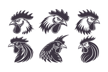 Set of Black and White Rooster Head Illustrations. Stylized Chicken Mascot Designs for Logos, Farm Branding, Emblems, and Tattoos
