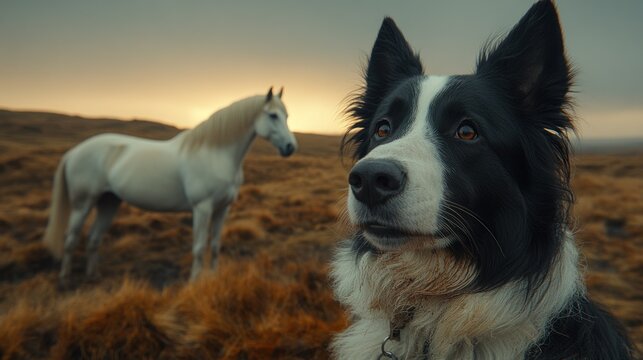 Dog and horse in a misty landscape at sunrise - Powered by Adobe