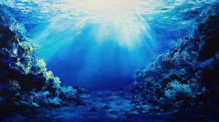 Naklejka premium Underwater realm scenery with sunbeams filtering through serene waterscape
